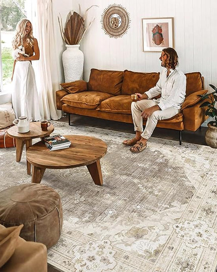 MUJOO Beige Rug 8'x10' Area Rugs for Living Room Bedroom Dining Room,Large Washable Boho Bohemian Vintage Distressed Farmhouse Non Slip Carpet, Floral Flowers
