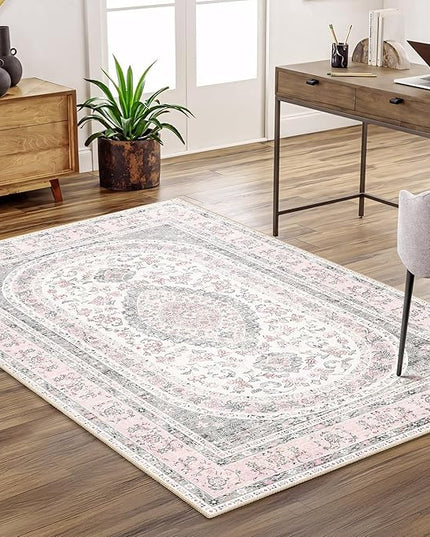 Pink Rug 3x5,Boho Washable Area Rugs for Bedroom Living Room Kitchen Entryway,Small Vintage Distressed Farmhouse Non Slip Carpet,Grey Blush Floral