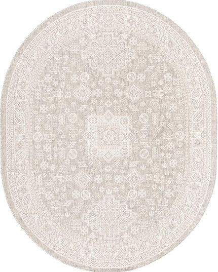 Rugs.com Outdoor Aztec Collection Rug – 8' x 10' Oval Light Gray Flatweave Rug Perfect for Living Rooms, Large Dining Rooms, Open Floorplans