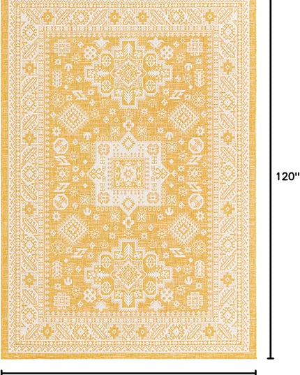 Rugs.com Outdoor Aztec Collection Rug – 7' x 10' Yellow Flatweave Rug Perfect for Living Rooms, Large Dining Rooms, Open Floorplans