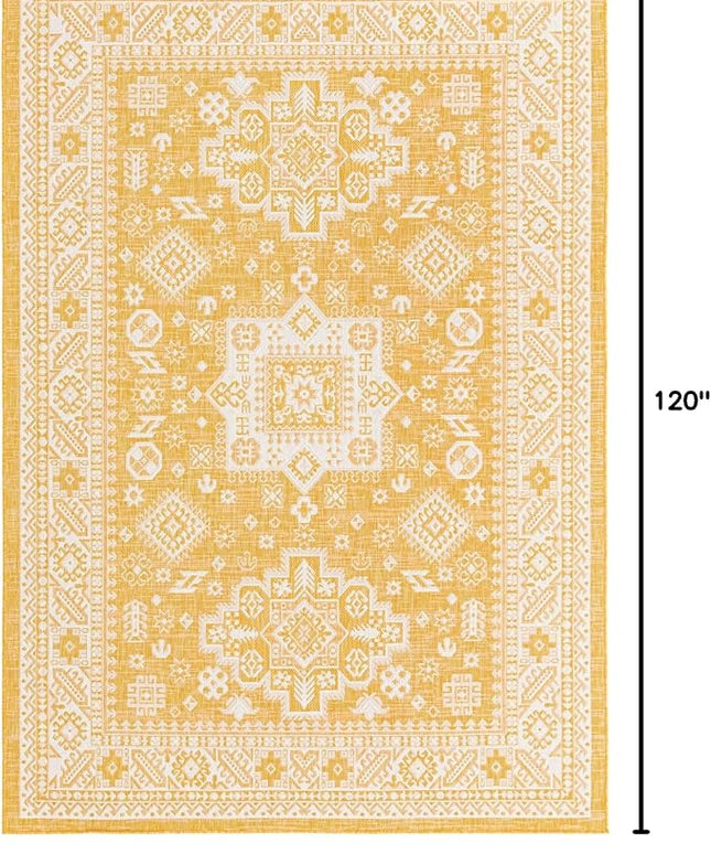 Rugs.com Outdoor Aztec Collection Rug – 7' x 10' Yellow Flatweave Rug Perfect for Living Rooms, Large Dining Rooms, Open Floorplans