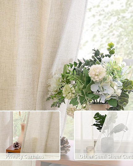 BGment Beige Linen Curtains 54 Inch Length 2 Panels - Burlap Textured Light Filtering Window Treatments Grommet Sheer Drapes for Farmhouse Bedroom, 52 X 54 Inch