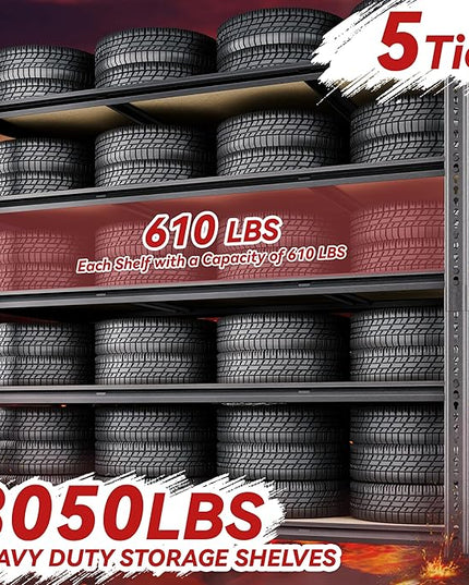48"W Garage Shelving, 3050LBS Storage Shelves heavy duty, 5 Tier Metal Shelving Unit Adjustable Garage Shelves Heavy Duty Shelving for Warehouse,Commercial, Kitchen, 48" W × 18" D × 72" H, Black, 2PCS