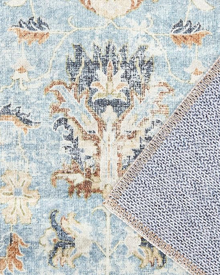 jinchan Area Rug 8x10 Living Room Rug - Washable Vintage Large Boho Floral Floor Cover Lightweight Low Pile Thin Non-Slip Retro Distressed Carpet for Bedroom Dining Room Kitchen Office Light Blue