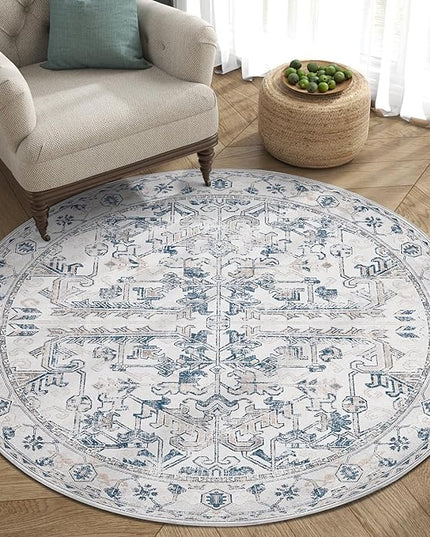 jinchan Lima Round Rug 4ft Vintage Machine Washable Area Rug Indoor Circle 4' Ultra-Thin Non-Slip Floral Print Carpet for Farmhouse Entryway Dining Room Living Room Bedroom Office (4'Round, Blue)