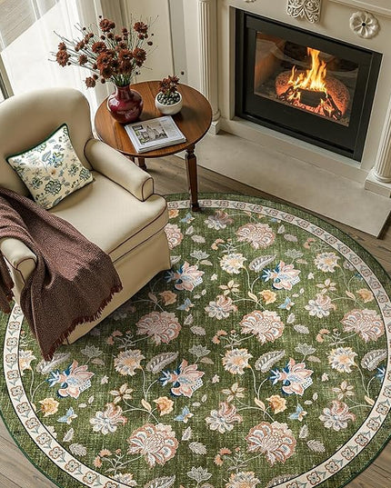 jinchan Elora 5ft Floral Round Rug for Entryway Washable Rug Vintage Romance Christmas Design Non Slip Indoor Doormat Lightweight Low-Profile Throw Carpet for Living Room Dining Room Bedroom, Green