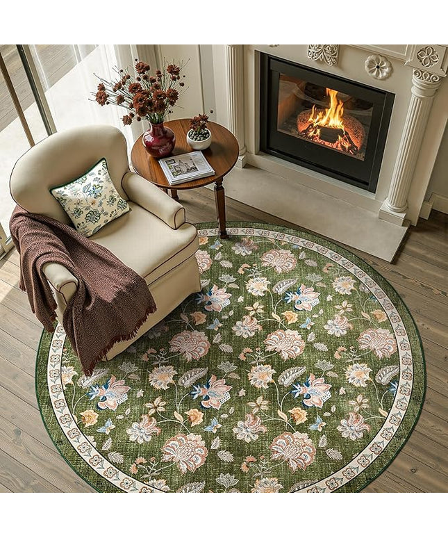 jinchan Elora 5ft Floral Round Rug for Entryway Washable Rug Vintage Romance Christmas Design Non Slip Indoor Doormat Lightweight Low-Profile Throw Carpet for Living Room Dining Room Bedroom, Green
