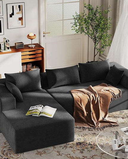 ALISH 111 Inch L-Shaped Cloud Sectional Sofa Couch, Compression Couch with Chaise, Modular Deep Seat Boneless Design for Easy Setup, Plush Upholstered Living Room Bedroom Apartment Furniture, Black