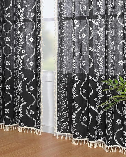 Boho Curtains for Living Room 63 Inches Long Semi Sheer Linen Floral Curtains Vintage Farmhouse Window Curtain 2 Panel Sets for Dining Room Kitchen Black