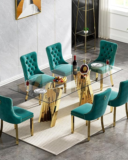 7 Piece Dining Table Set with 6 Green Dining Chairs, Modern Glass Kitchen Table and Chairs Set for 6, 70" Rectangle Gold Glass Pedestal Dining Room Tables with Flash-Shape Stainless Steel Base