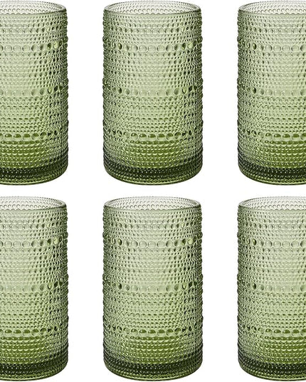 Vintage Hobnail Drinking Glasses Set of 6, 16 oz Large Capacity Embossed Green Tumblers, Highball Glasses for Water, Cocktail, Beer, Whiskey, Kitchen & Bar Use