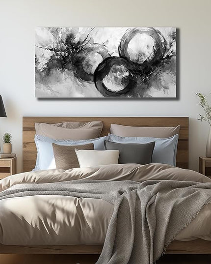 JuhaiArt Black Wall Art Large Abstract Picture Wall Decor White Canvas Art Circle Modern Artwork for Living Room Office 24"x 48"