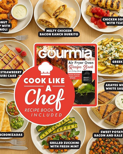 Gourmia Smokeless Indoor Grill & Air Fryer with Recipe Book – Electric Grill for Indoor Use, 5‑in‑1 Countertop Cooker, Cast-Iron Grate, 1650W, Glass Lid, Dishwasher-Safe Plates