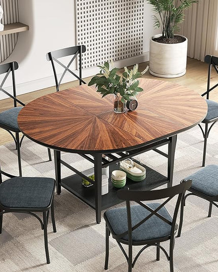 VFK 47.2"-63" Extendable Round Dining Table Set for 4–6, Solid Wood & Metal Table with Wine Rack Storage Shelf, Walnut Kitchen Furniture with 6 Upholstered Chairs (Storage Table and 6 Black Chairs)