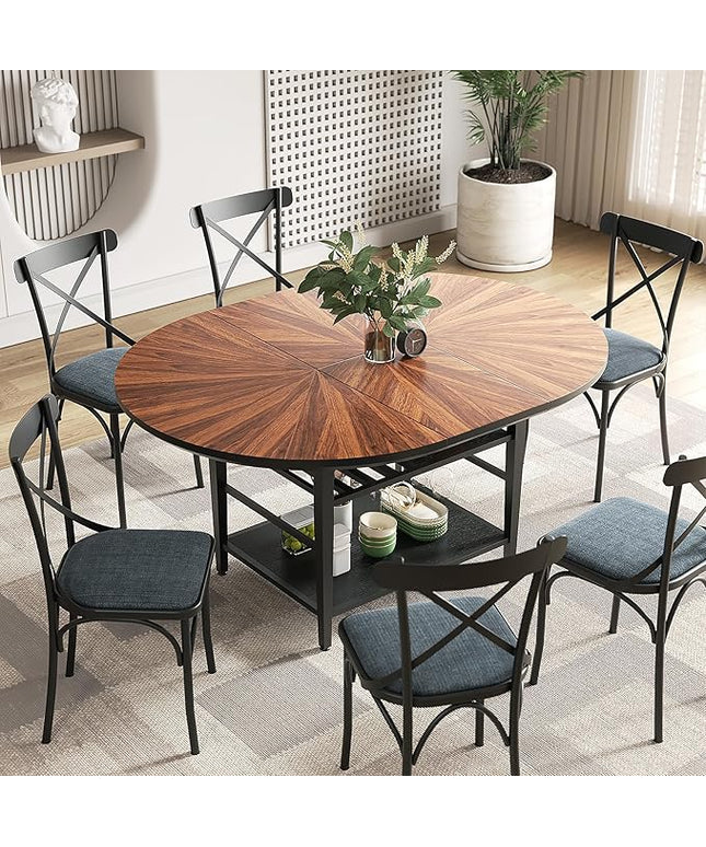 VFK 47.2"-63" Extendable Round Dining Table Set for 4–6, Solid Wood & Metal Table with Wine Rack Storage Shelf, Walnut Kitchen Furniture with 6 Upholstered Chairs (Storage Table and 6 Black Chairs)