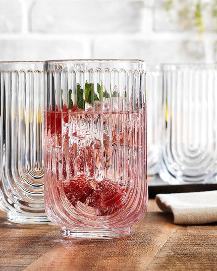 Glaver's Vintage Glassware Art Deco Glasse Ribbed Drinking Glasses U-Shape Arch Design Colored Cocktail Kitchen Tumblers Everyday Dinner Decorative Party (Clear S/4 17oz)