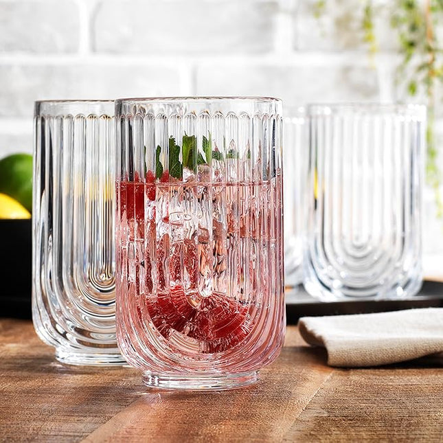 Glaver's Vintage Glassware Art Deco Glasse Ribbed Drinking Glasses U-Shape Arch Design Colored Cocktail Kitchen Tumblers Everyday Dinner Decorative Party (Clear S/4 17oz)