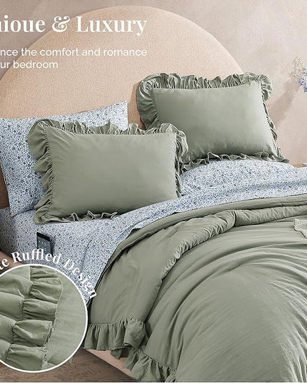 Queen Comforter Set - 7 Pieces Ruffle Sage Green Bedding Sets, Shabby Chic Farmhouse Bed in a Bag Queen with Ruffle Comforter, Floral Sheets, Pillowcases & Shams