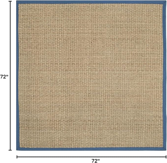 SAFAVIEH Area Rug 6' Square - Natural Fiber Collection - Natural & Navy, Seagrass, Basketweave Pattern with Border (NF114T)