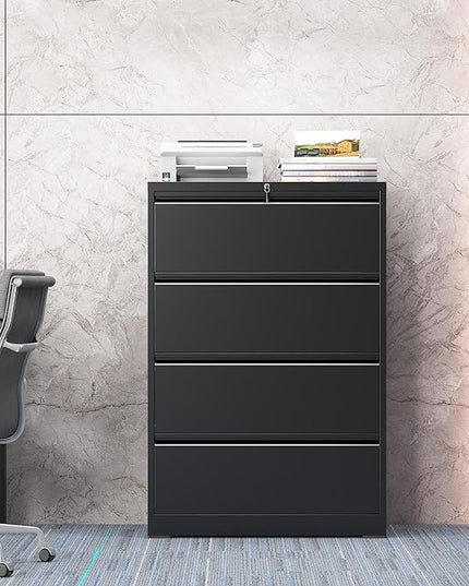 4 Drawer Lateral File Cabinet with Lock, Metal File Cabinet, Lateral File Cabinets for Home Office, Heavy Duty File Storage Cabinet for Legal/Letter/A4 Document, Assembly Required, Black