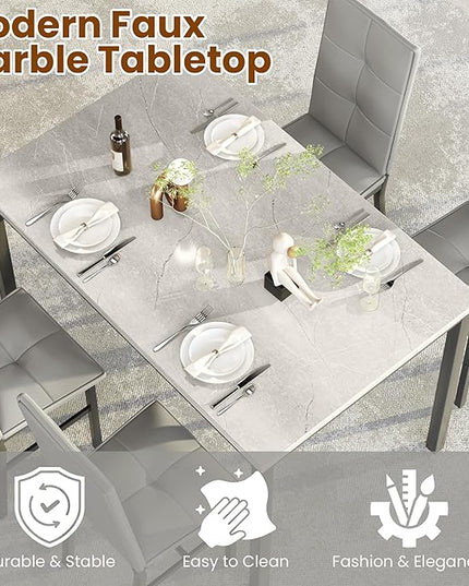 Hooseng Dining Table Set for 4, Modern Faux Marble Kitchen Table with 4 PU Leather Chairs, 5-Piece Small Dining Room Table Set for Dinette, Breakfast Nook, Grey