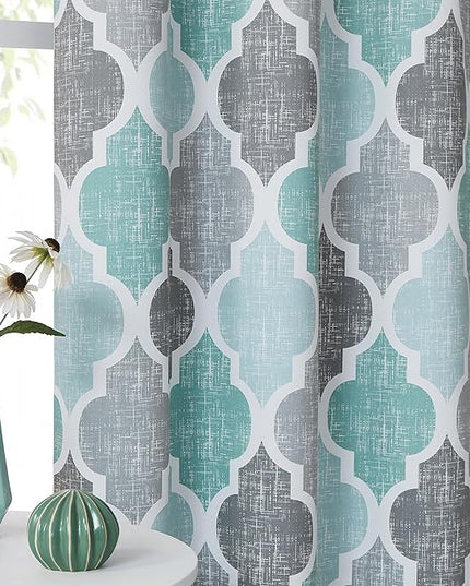 Beauoop 100% Blackout Curtains 84 Inches Long 2 Panels for Bedroom Living Room Aqua Grey Moroccan Geo Room Darkening Thermal Insulated Soundproof Grommet Top Window Treatments Drapes, 50x84 Set of 2
