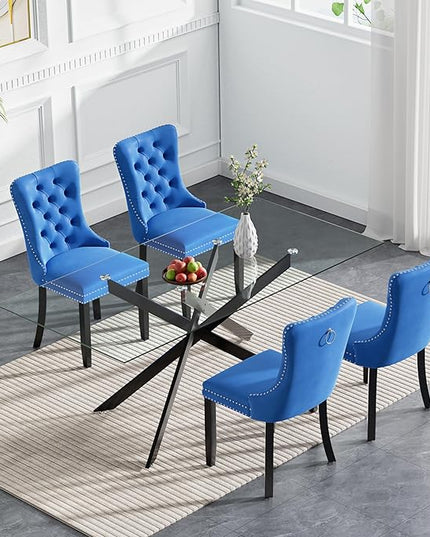 Modern 5-Piece Glass Dining Table Set for 4, Modern 60" Rectangle Black Glass Dining Room Table Set with Blue Velvet Tufted Chairs Wood Legs for Kitchen Dining Room