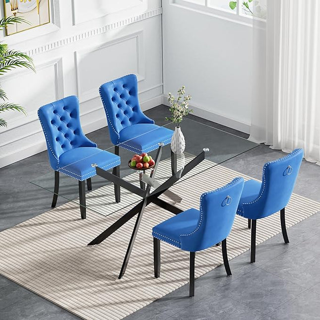 Modern 5-Piece Glass Dining Table Set for 4, Modern 60" Rectangle Black Glass Dining Room Table Set with Blue Velvet Tufted Chairs Wood Legs for Kitchen Dining Room