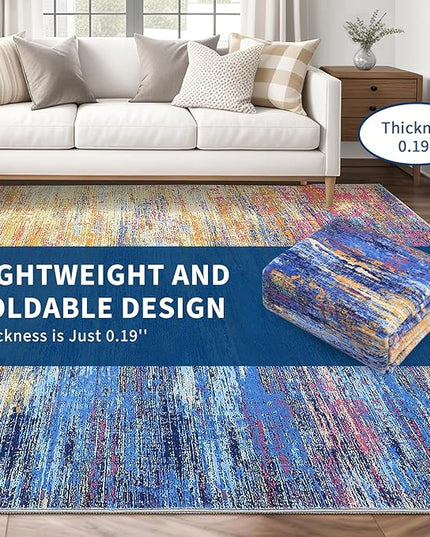 Washable Runner Rug 2x6 Modern Abstract Kitchen Rugs, Non Slip Bathroom Rug, Low Pile Laundry Room Soft Long Carpet for Hallway Bedroom Entryway, Blue/Orange