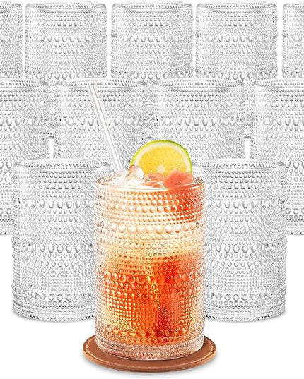 15 OZ Hobnail Drinking Set of 12 – Vintage Embossed Glassware, Textured Tumblers for Water, Beer, Cocktails, Mocktails, Whiskey & More – Includes Straws and Coasters – Clear