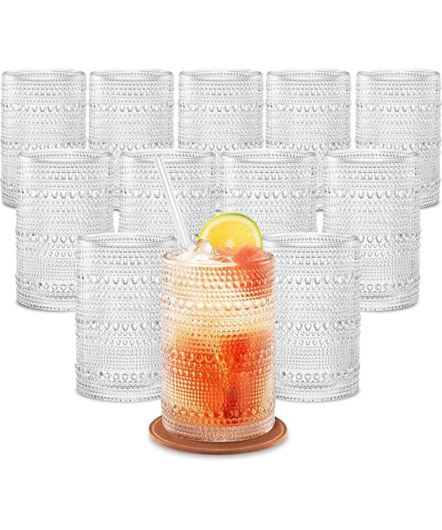 15 OZ Hobnail Drinking Set of 12 – Vintage Embossed Glassware, Textured Tumblers for Water, Beer, Cocktails, Mocktails, Whiskey & More – Includes Straws and Coasters – Clear