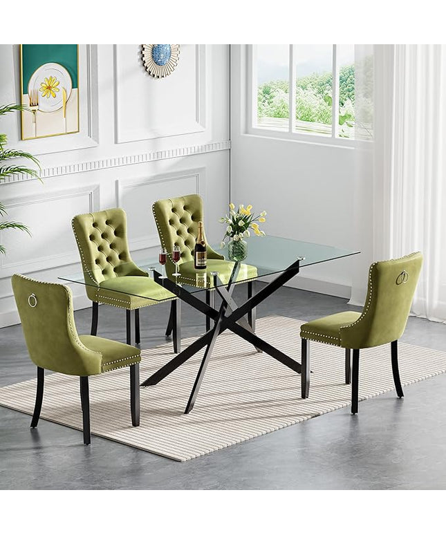 Modern 5-Piece Glass Dining Table Set for 4, Modern 60" Rectangle Black Glass Dining Room Table Set with Olive Green Velvet Tufted Chairs Wood Legs for Kitchen Dining Room