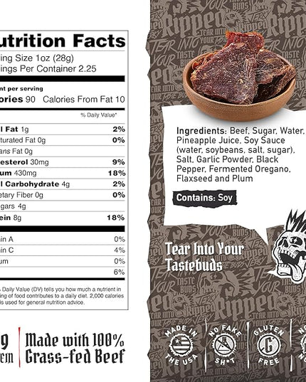 Ripped Beef Jerky - 100% Grass Fed Beef, 20g Protein, Real Ingredients, Gluten Free, No MSG, Made in USA (Pack of 12, Peppered)