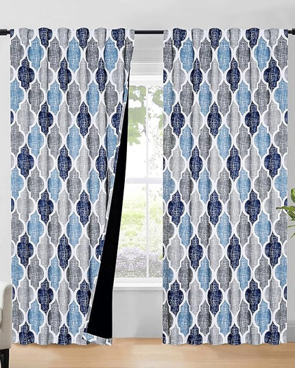 Beauoop 100% Blackout Curtains 96 Inches Long 2 Panels for Bedroom Living Room Blue Grey Moroccan Geo Room Darkening Thermal Insulated Soundproof Rod Pocket Back Tab Window Treatments Drapes, 50x96