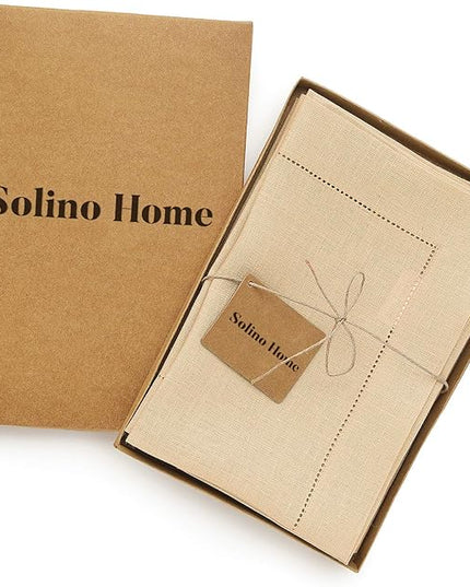 Solino Home Linen Cloth Napkins Set of 6-100% Pure Linen Beige Dinner Napkins 20 x 20 Inch - Classic Hemstitch, Handcrafted and Machine Washable