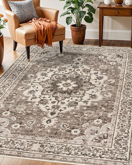 Washable Oriental Area Rug - 3x5 Rugs for Living Room Soft Carpet for Bedroom Waterproof Floral Distressed Indoor Stain Resistant Non-Shedding Floor Carpets (Beige, 3X5)