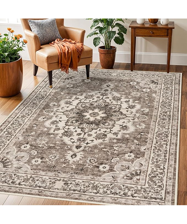 Washable Oriental Area Rug - 3x5 Rugs for Living Room Soft Carpet for Bedroom Waterproof Floral Distressed Indoor Stain Resistant Non-Shedding Floor Carpets (Beige, 3X5)