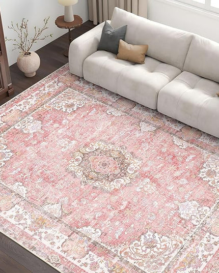 Pink Rug 6'x9' Area Rugs,Boho Washable Rug for Living Room Bedroom Dining Room,Large Vintage Bohemian Distressed Oriental Carpet Non Slip,Blush Floral Flowers