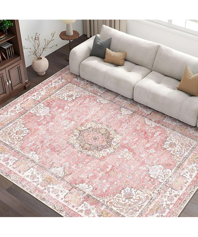 Pink Rug 6'x9' Area Rugs,Boho Washable Rug for Living Room Bedroom Dining Room,Large Vintage Bohemian Distressed Oriental Carpet Non Slip,Blush Floral Flowers