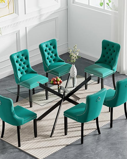 Modern 7-Piece Glass Dining Table Set for 6, Modern 60" Rectangle Black Glass Dining Room Table Set with Green Velvet Tufted Chairs Wood Legs for Kitchen Dining Room