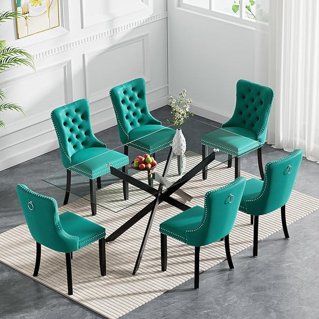 Modern 7-Piece Glass Dining Table Set for 6, Modern 60" Rectangle Black Glass Dining Room Table Set with Green Velvet Tufted Chairs Wood Legs for Kitchen Dining Room