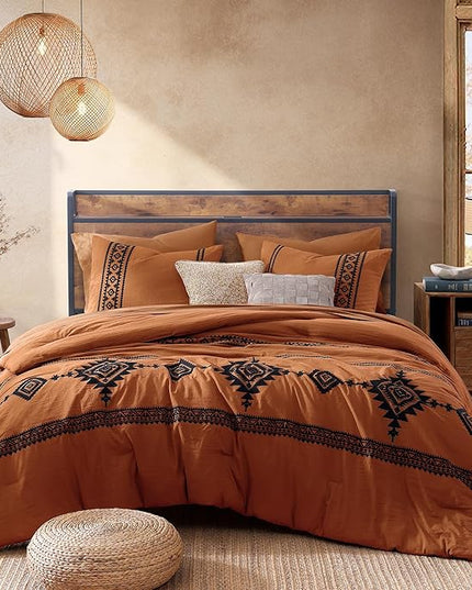 MaiRêve Embroidery Comforter Set, Boho Farmhouse Western Bedding Set, All Season Bed in A Bag Comforter Set with Sheets, Pillowcases & Shams, Burnt Orange King 7 Pieces
