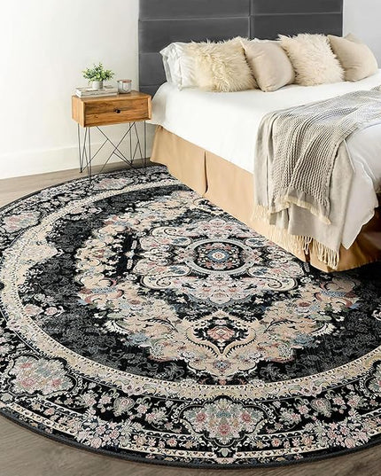 Black Round Rug 6ft,Large Circle Area Rugs for Bedroom Living Room Dining Room,Washable Boho Vintage Bohemian Distressed Oriental Carpet Non Slip,Floral