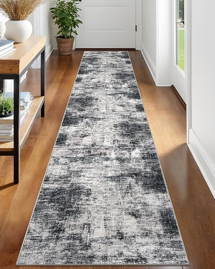 IOHOUZE Abstract Runner Rug 2x12 Ft Washable Runners for Hallways, Non Slip Kitchen Runner Printed Faux Wool Entryway Runner Indoor, Modern Abstract Floor Carpet for Hall Kitchen, Black Gey