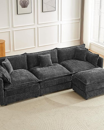 Modular Sectional Sofa 112.2 Inch L Shaped Couch Set with Armrests, 3-Seater Comfortable Cloud Couches with Movable Ottoman for Living Room Apartment, Grey