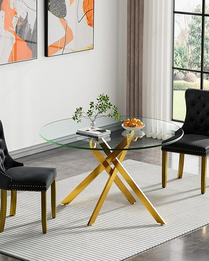 HomVent 3 Piece Round Glass Dining Table Set, Tempered Glass Dinner Table Set for 2 Kitchen Table Set with 2 Velvet Upholstered Chairs for Kitchen Dining Room