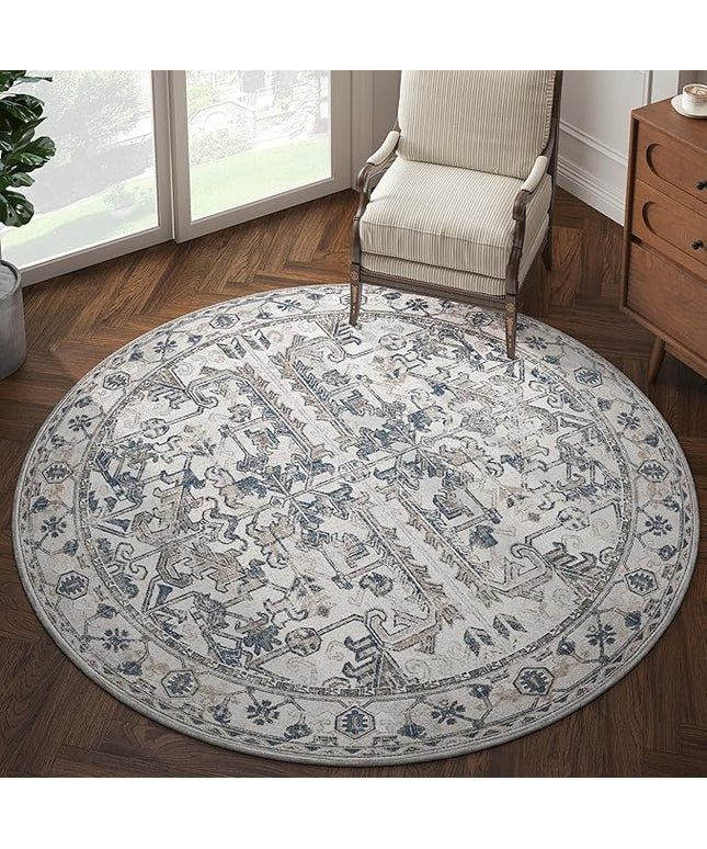 jinchan Lima Round Rug 6ft Vintage Machine Washable Area Rug Indoor Circle 6' Ultra-Thin Non-Slip Floral Print Carpet for Farmhouse Entryway Dining Room Living Room Bedroom Office (6'Round, Blue)