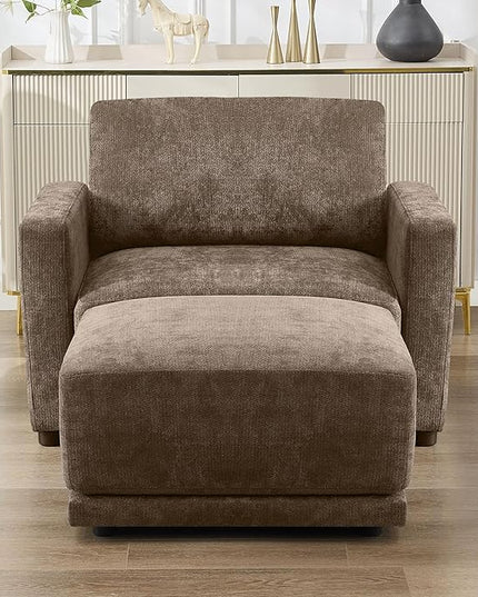 44.2" Chenille Oversized Chair with Movable Ottoman, Modular 1 Seat Couch with Thickened Cushions, Modern Single Sofa Chaise Lounge Reading Chair for Living Room, Small Apartment, Brown