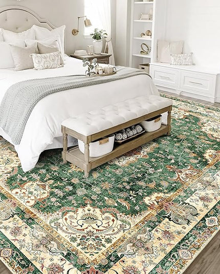 8'x10' Area Rugs Washable,Green Rug for Living Room Bedroom Dining Room,Large Boho Vintage Bohemian Distressed Oriental Carpet Non Slip,Retro Sage Floral