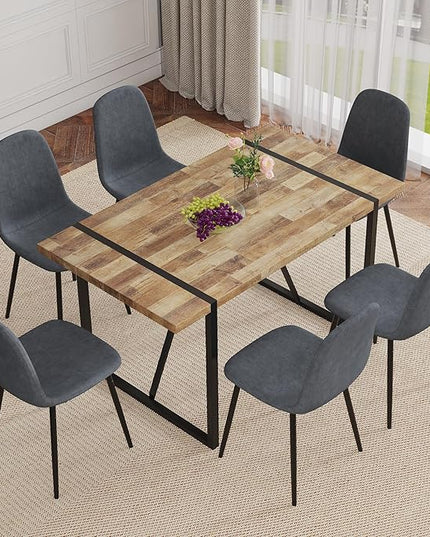 7 Piece Dining Table Set，Dinner Table Set for 6，55'' Kitchen Table and PU Leather Chairs Set of 6，6 Chair Dining Table Set for Kitchen Dining Room